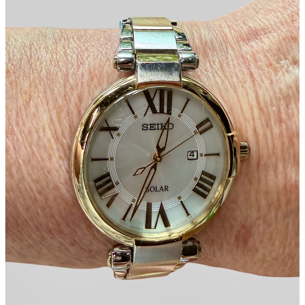 Seiko Solar Women's Two Tone Watch V117-0CF0 Roman Numeral Date Bracelet - Picture 2 of 11